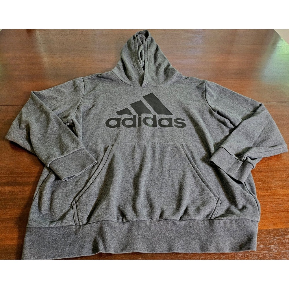 Adidas Hoodie Men XL Gray Pullover Logo Graphic Fleece Sweatshirt